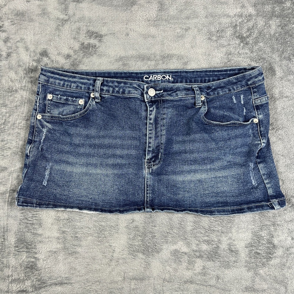 Carbon Mini Skirt Women XL Blue Whiskered Denim Cotton Ripped Lace Scalloped Hem